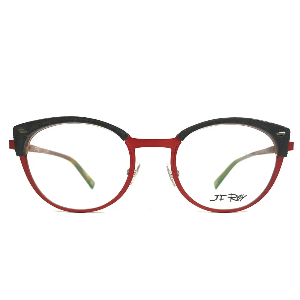 J.F. Rey Eyeglasses Frame JF2843 3000 Black Leather Brown Red Cat Eye 50-20-143